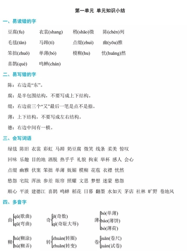 小学语文六年级上册1-4单元知识汇总