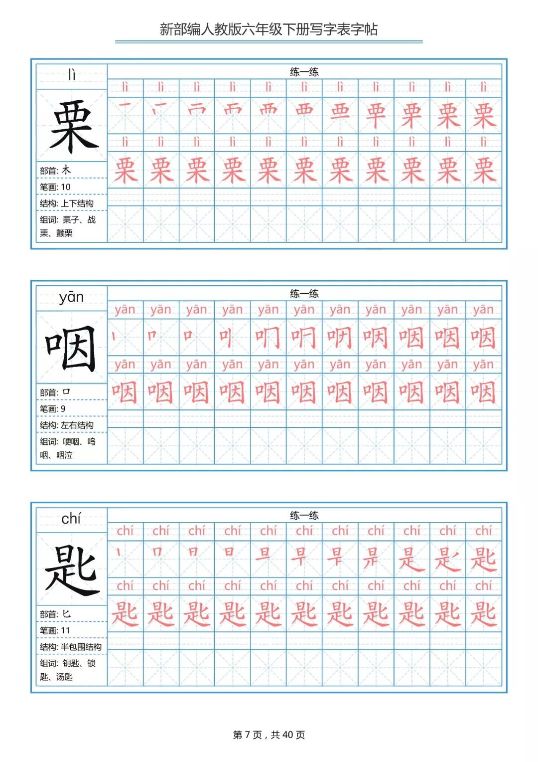统编版小学语文六年级下册生字练字帖（带拼音、笔顺）