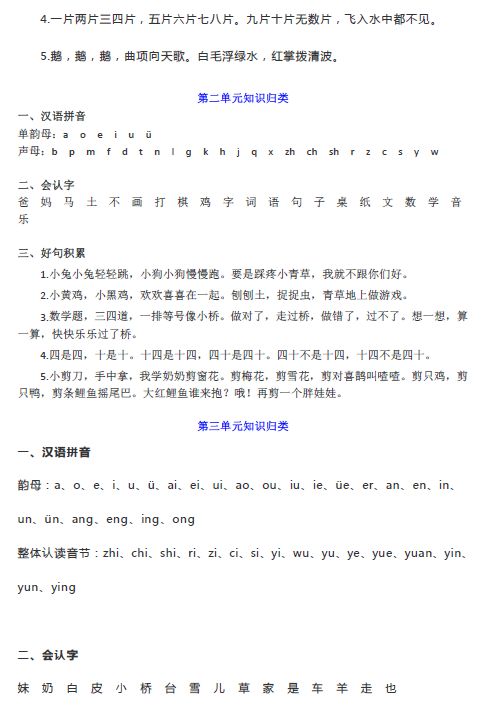 部编版一年级上册语文期中知识汇总1-4单元