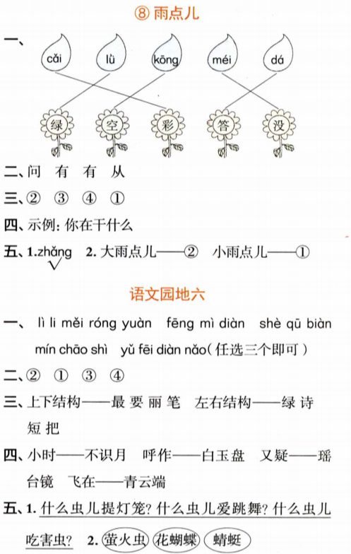 一年级语文上册第六单元知识点梳理+一课一练精编练习
